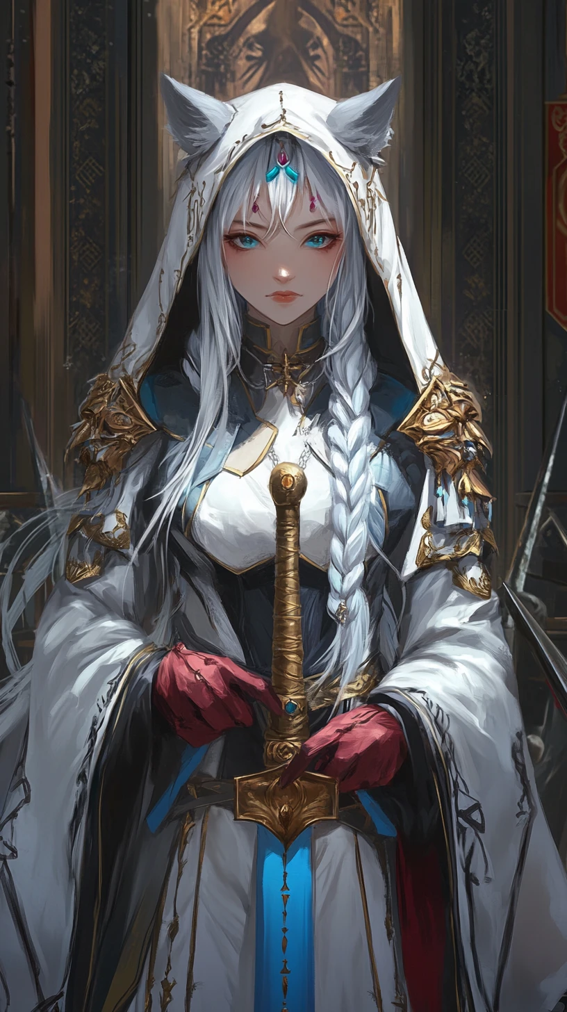 Golden haired armored girl with halberd before a throne