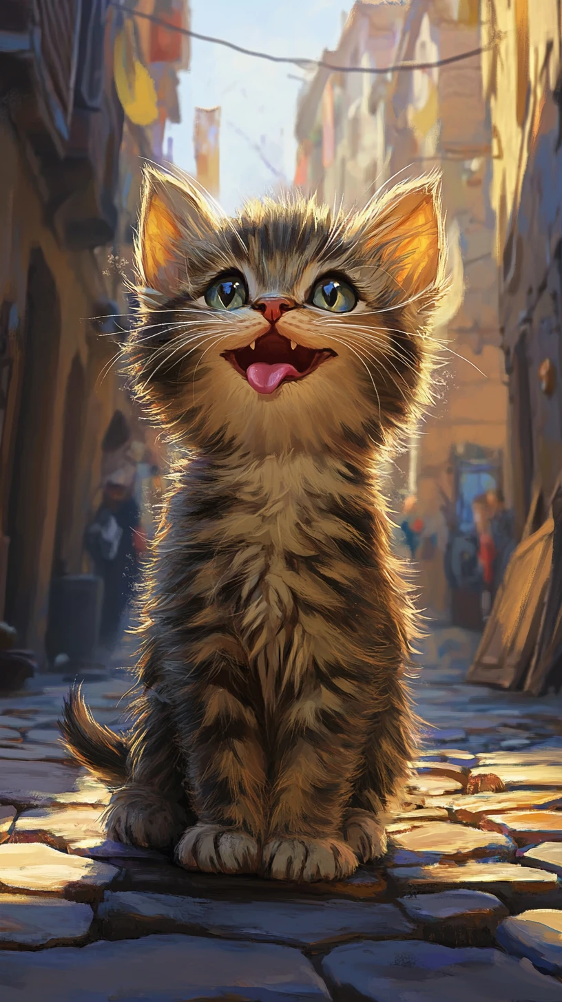 Cheerful cartoon kitten begging on a warm cobblestone street