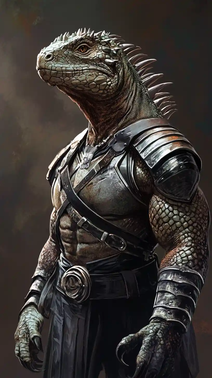 Iguana war god in ceremonial armor seen from below
