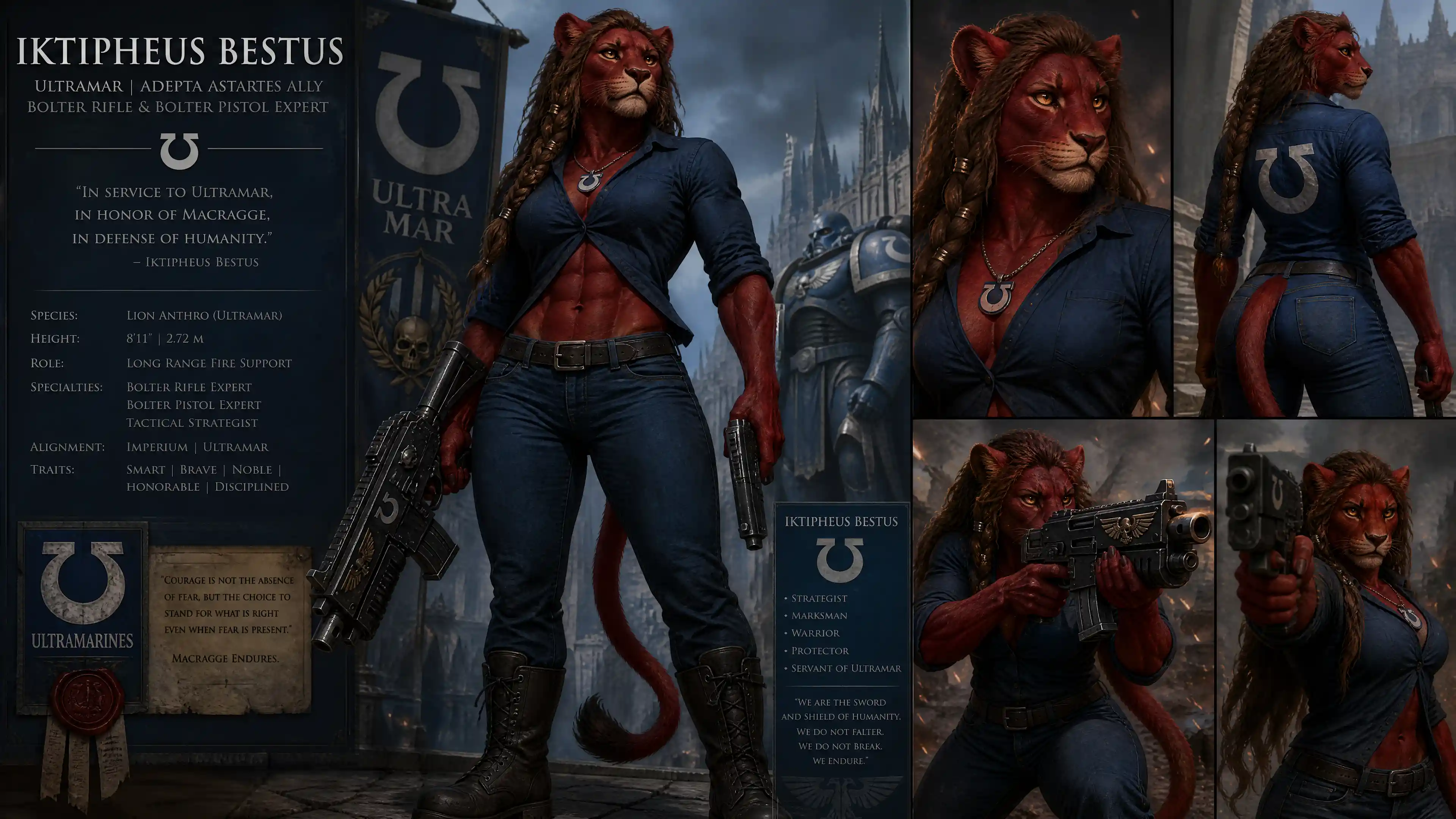 Tall red fur lion warrior woman in casual clothes
