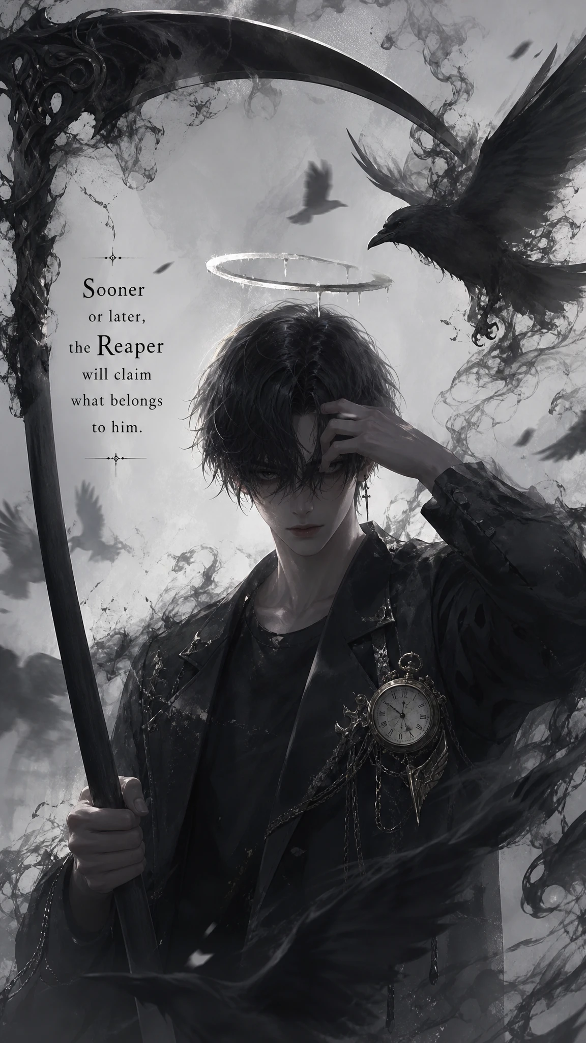 Young reaper with halo lifting his dark bangs
