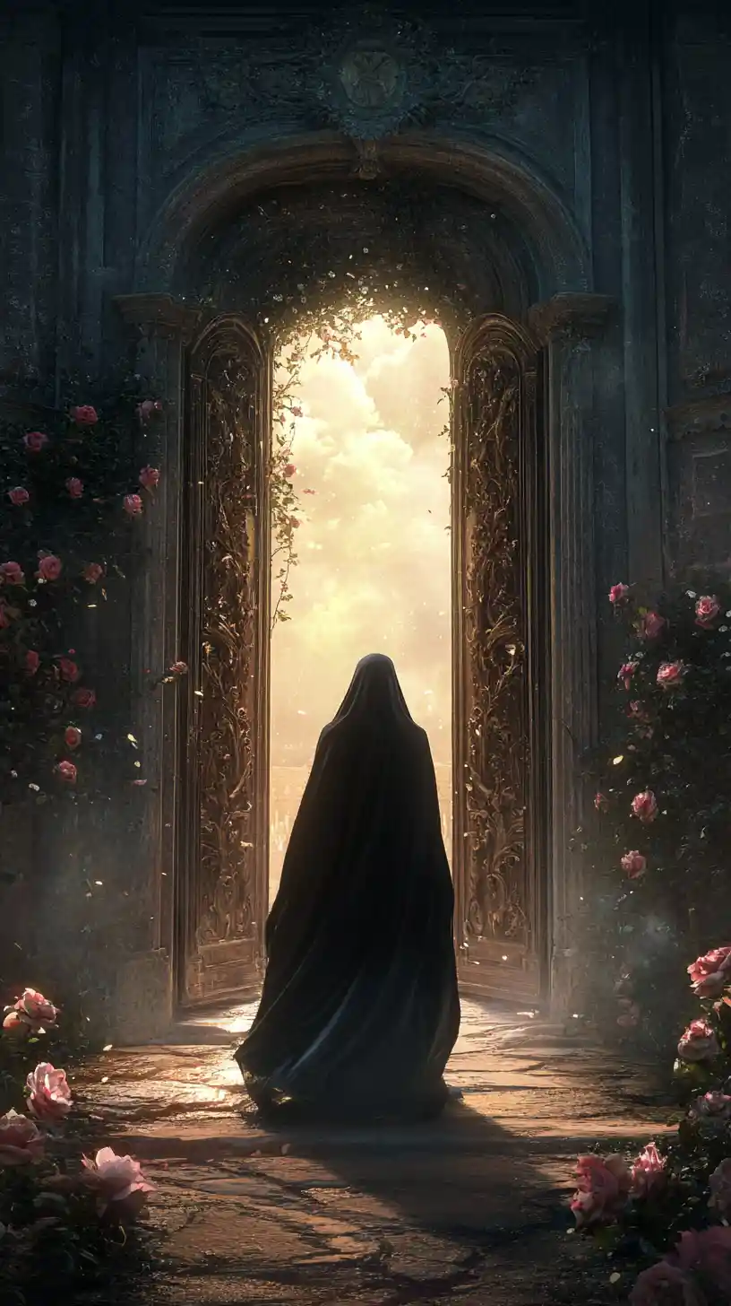 Woman in ethereal gown before glowing antique doors