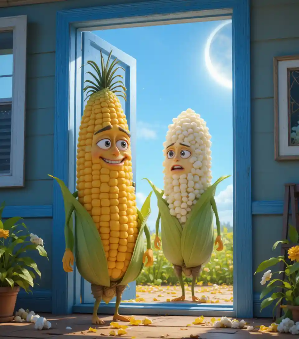 Smiling 3D corn character in a cool indoor doorway