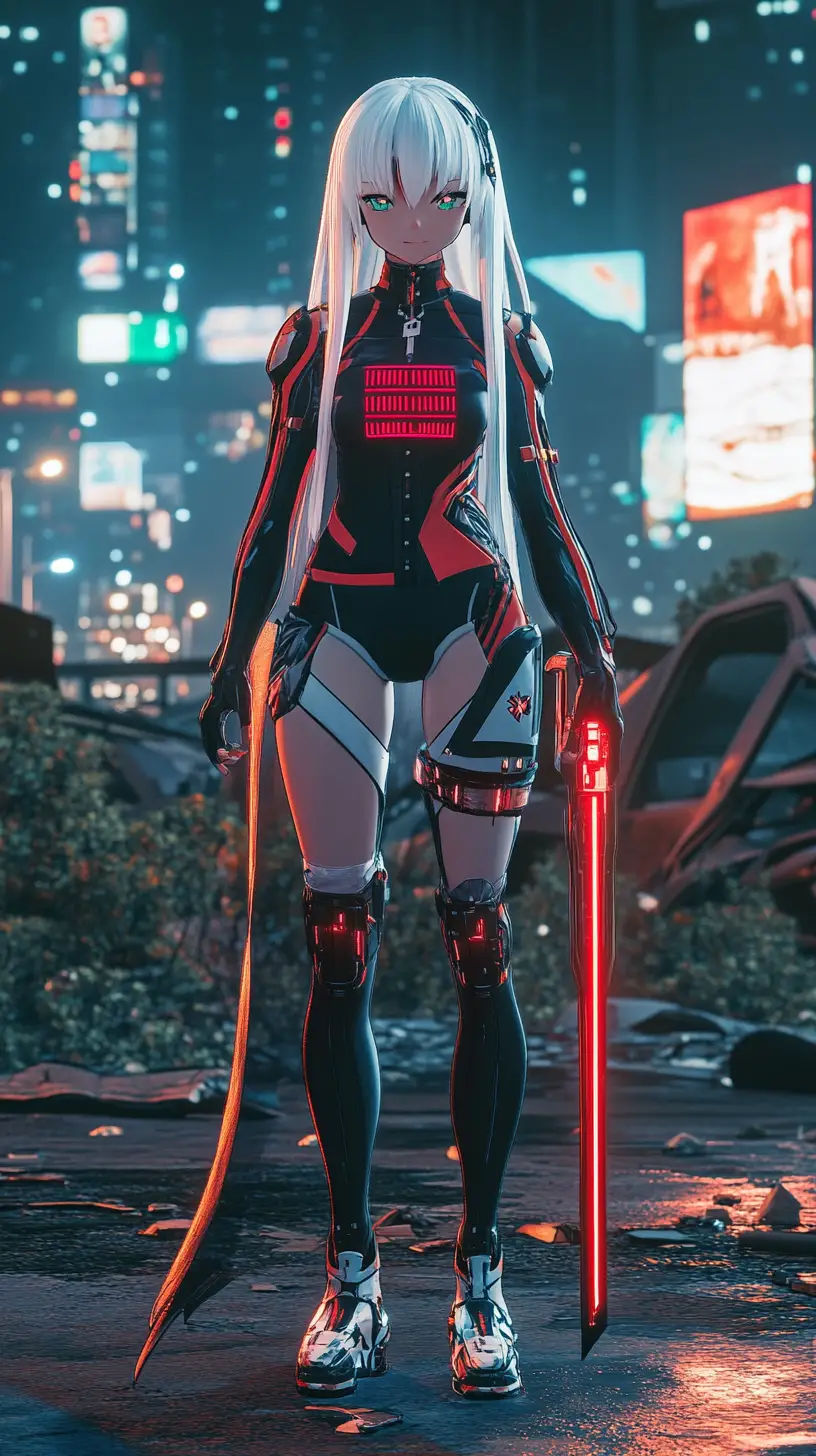 Anime girl in futuristic armor with glowing red details