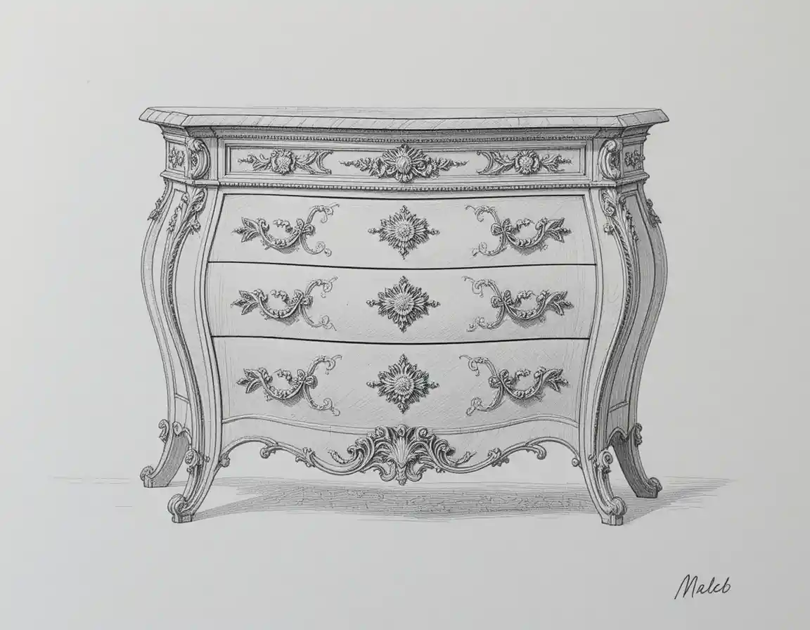 Elegant louis xiv bombe chest of drawers on white background