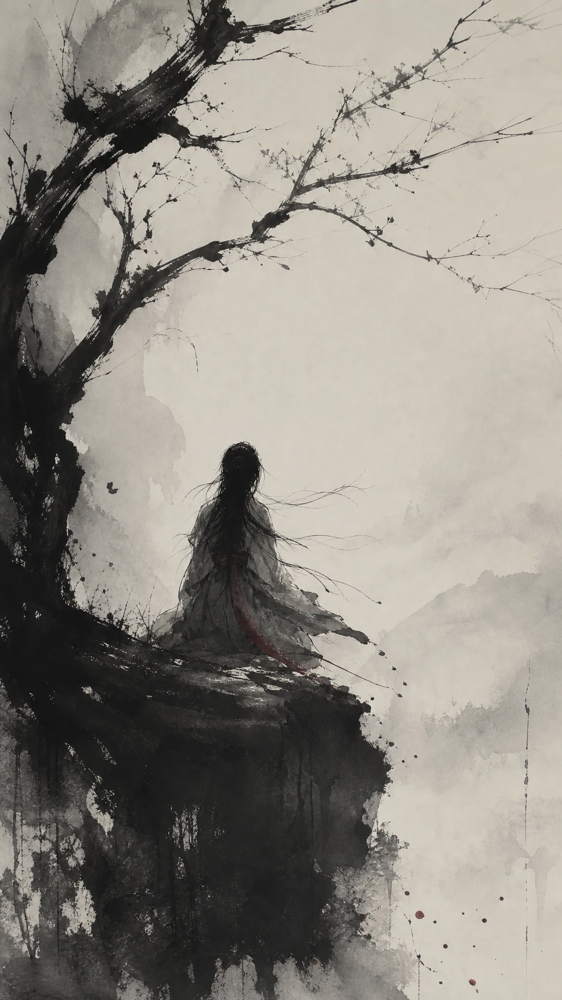 Lonely girl in expressive Japanese ink brush portrait