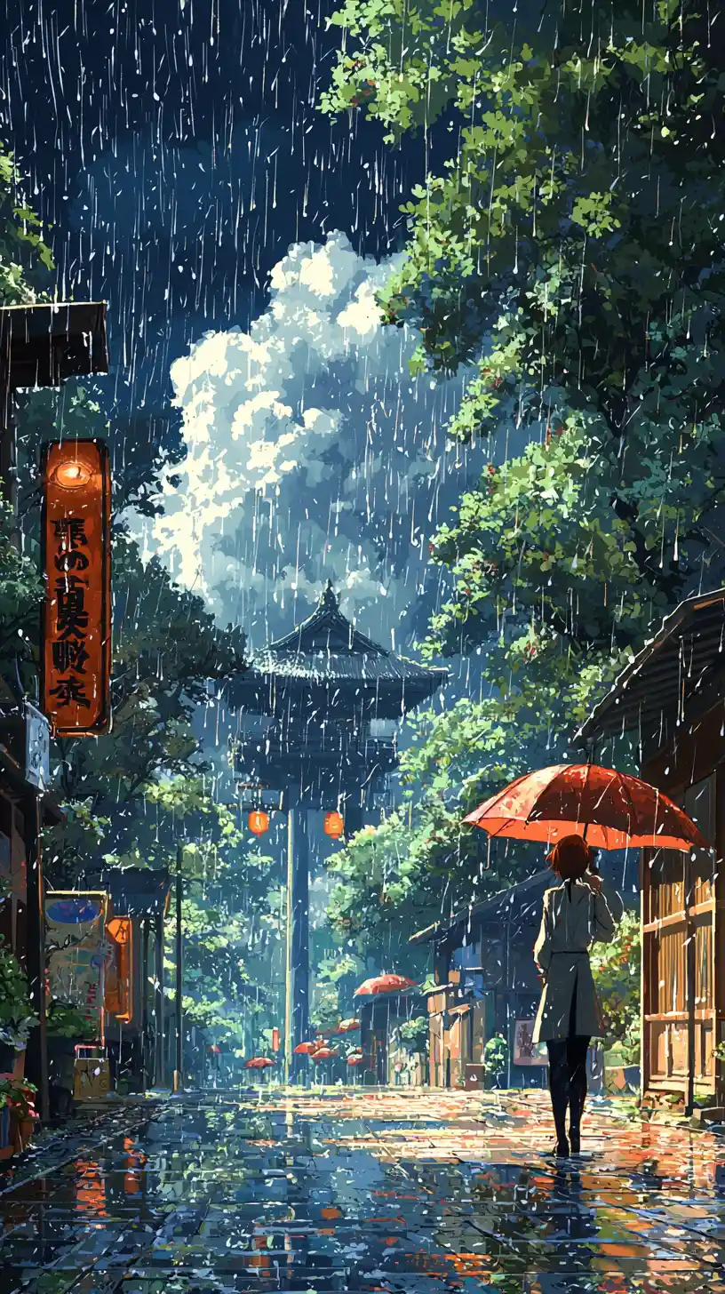 Anime girl standing on a rainy city street at night