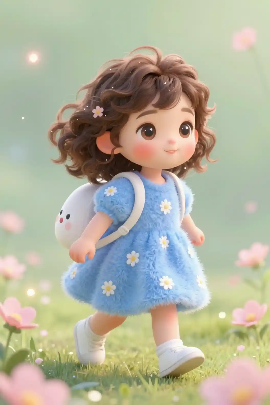 Cute 3D girl in blue dress walking joyfully