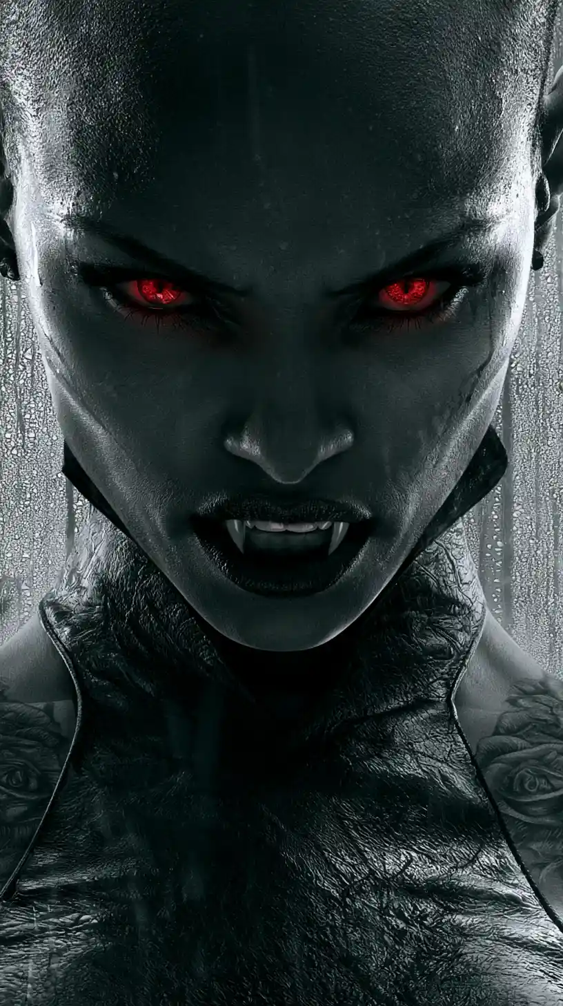 Vampire Woman Close Up With Red Eyes And Fangs