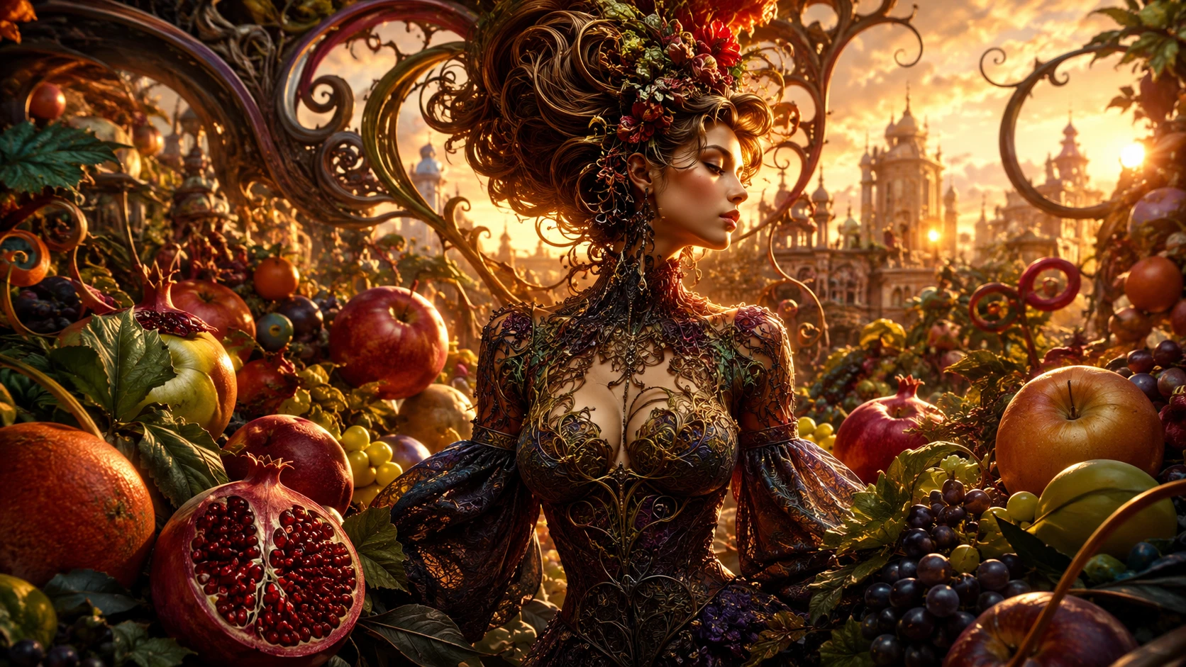 Surreal woman in a fantastical fruit garden at golden hour