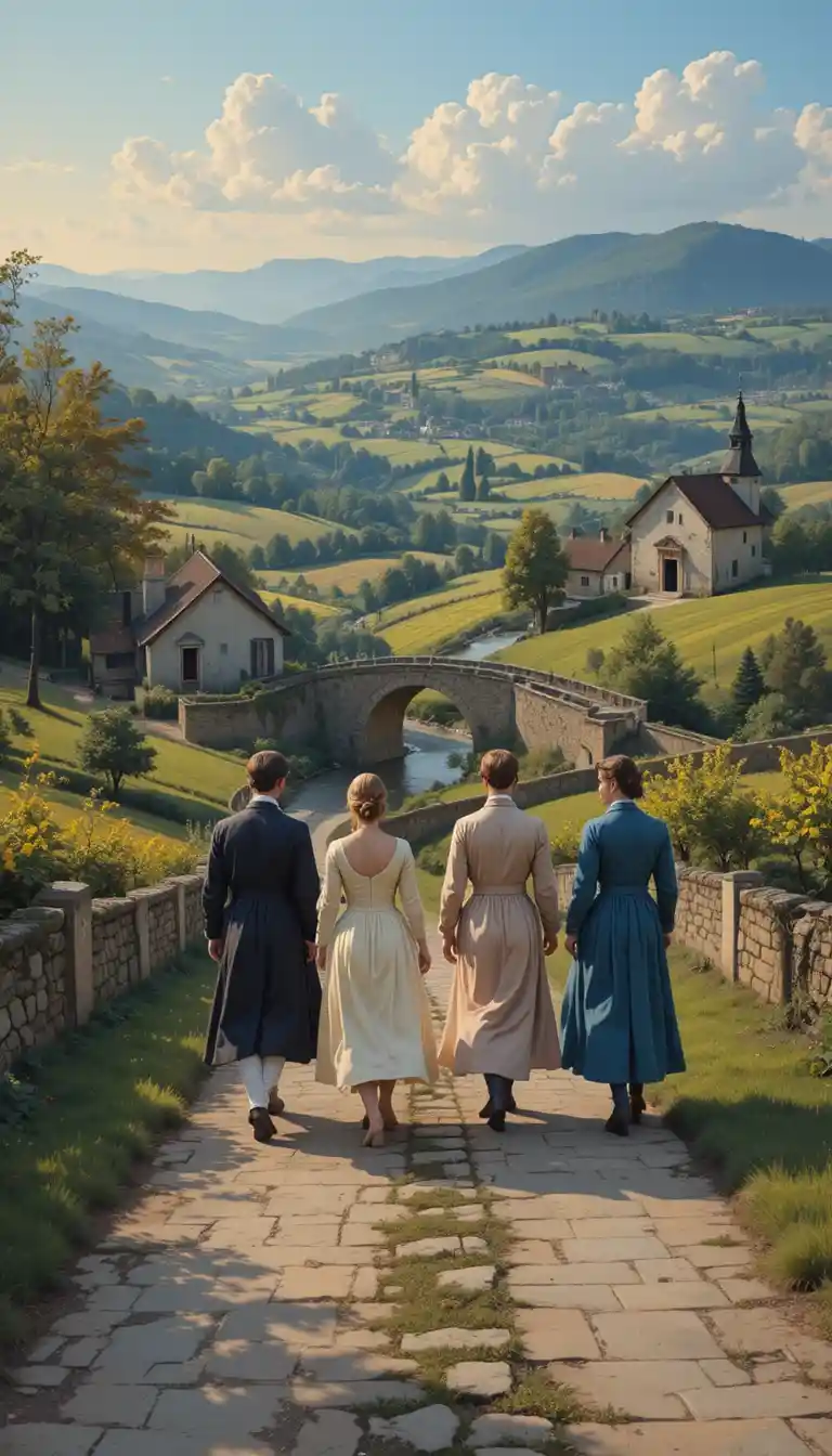 Four travelers on a rural French road at golden hour