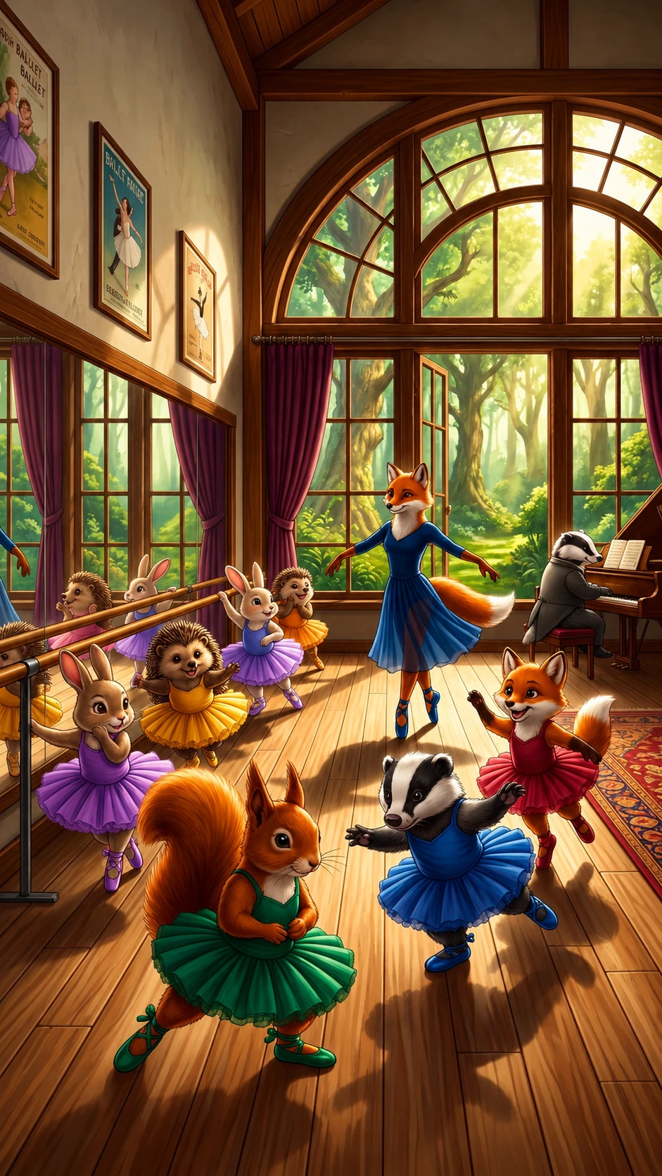 Anthropomorphic forest animals in a sunny ballet studio
