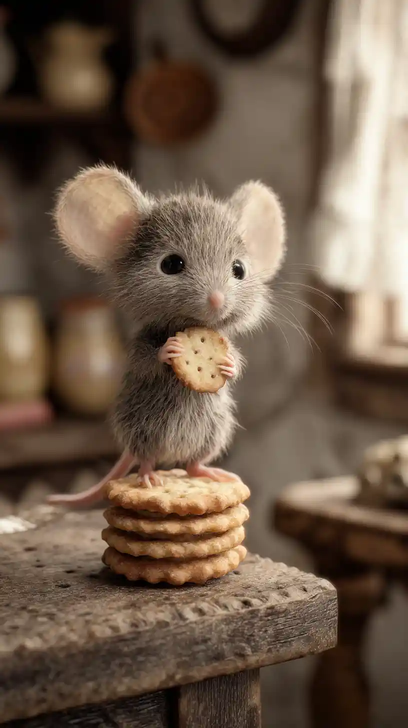Cute little mouse stealing cookie on an old wooden table