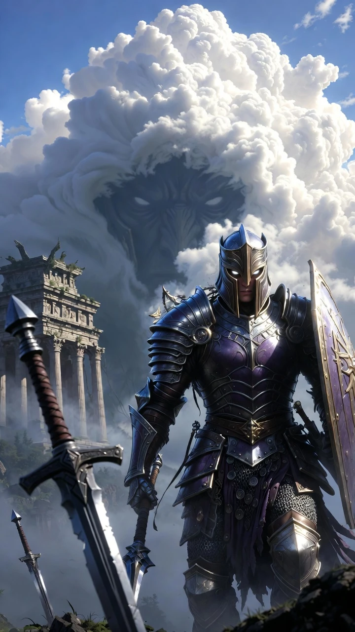 Epic warrior striding from ancient ruins beneath godlike clouds