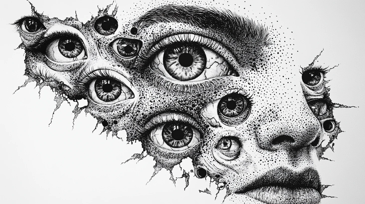 Surreal ink portrait with multiple watchful eyes