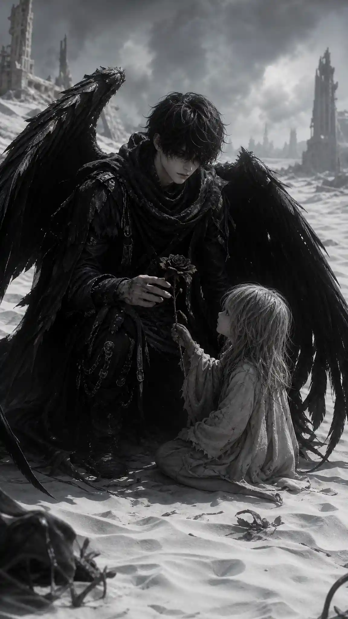Black winged angel sheltering a child in white sands
