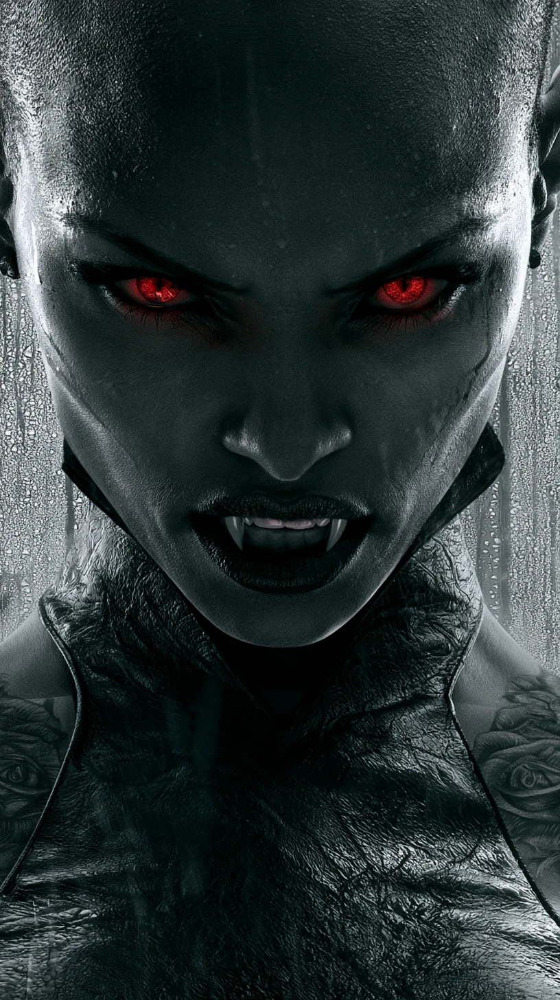 Vampire Woman Close Up With Red Eyes And Fangs