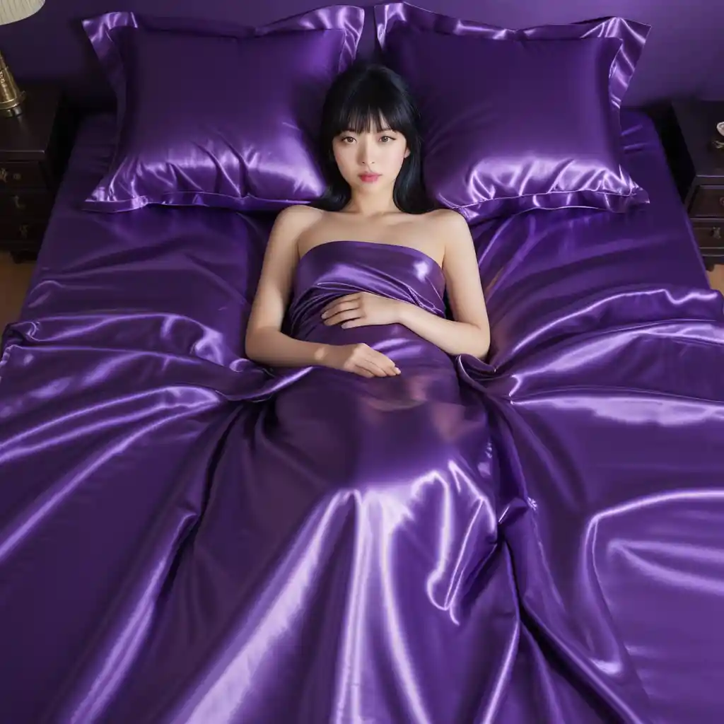 Japanese woman lying on royal purple satin bed sheets