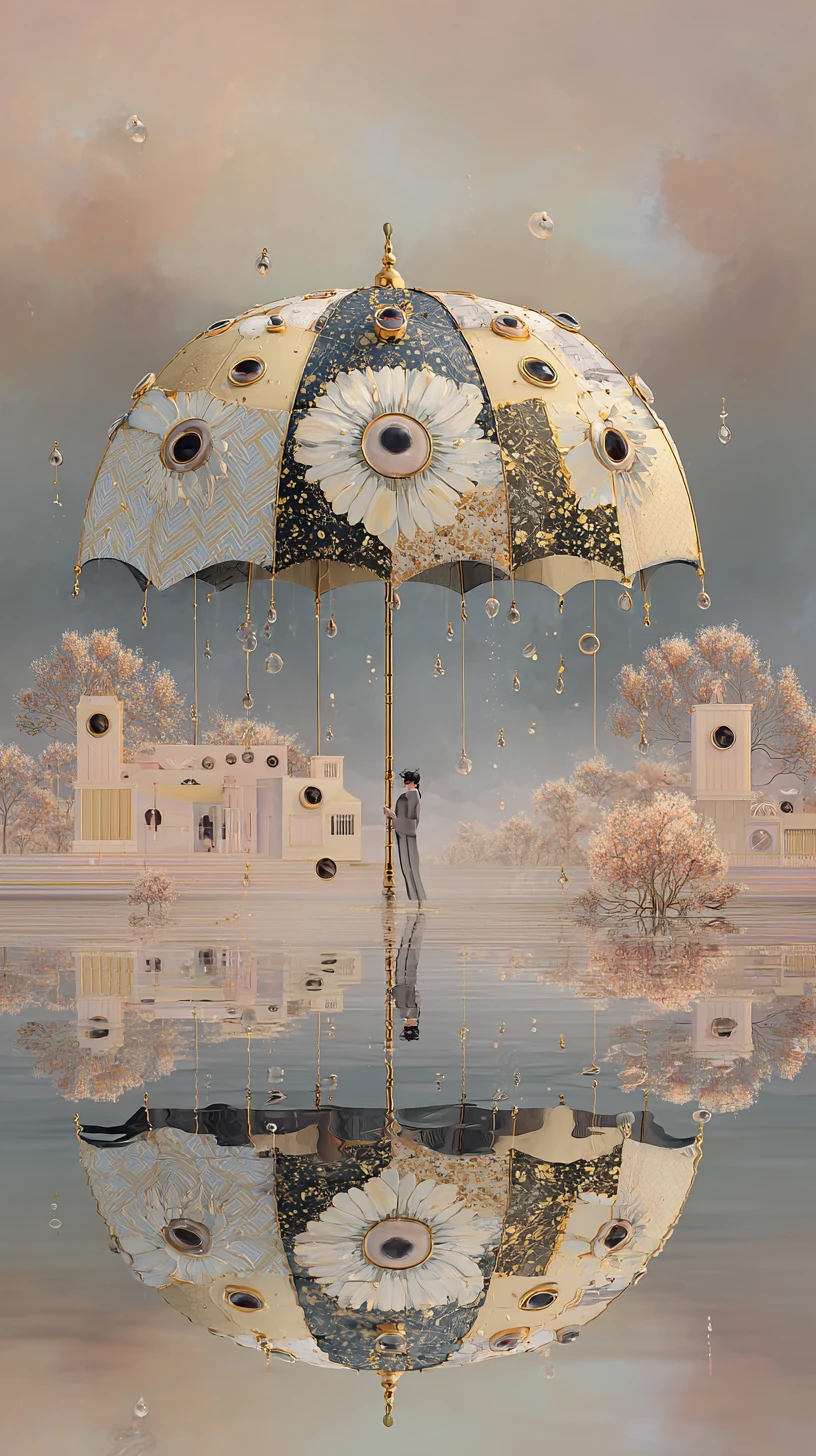 Giant Patchwork Umbrella Floating Above Reflective Water