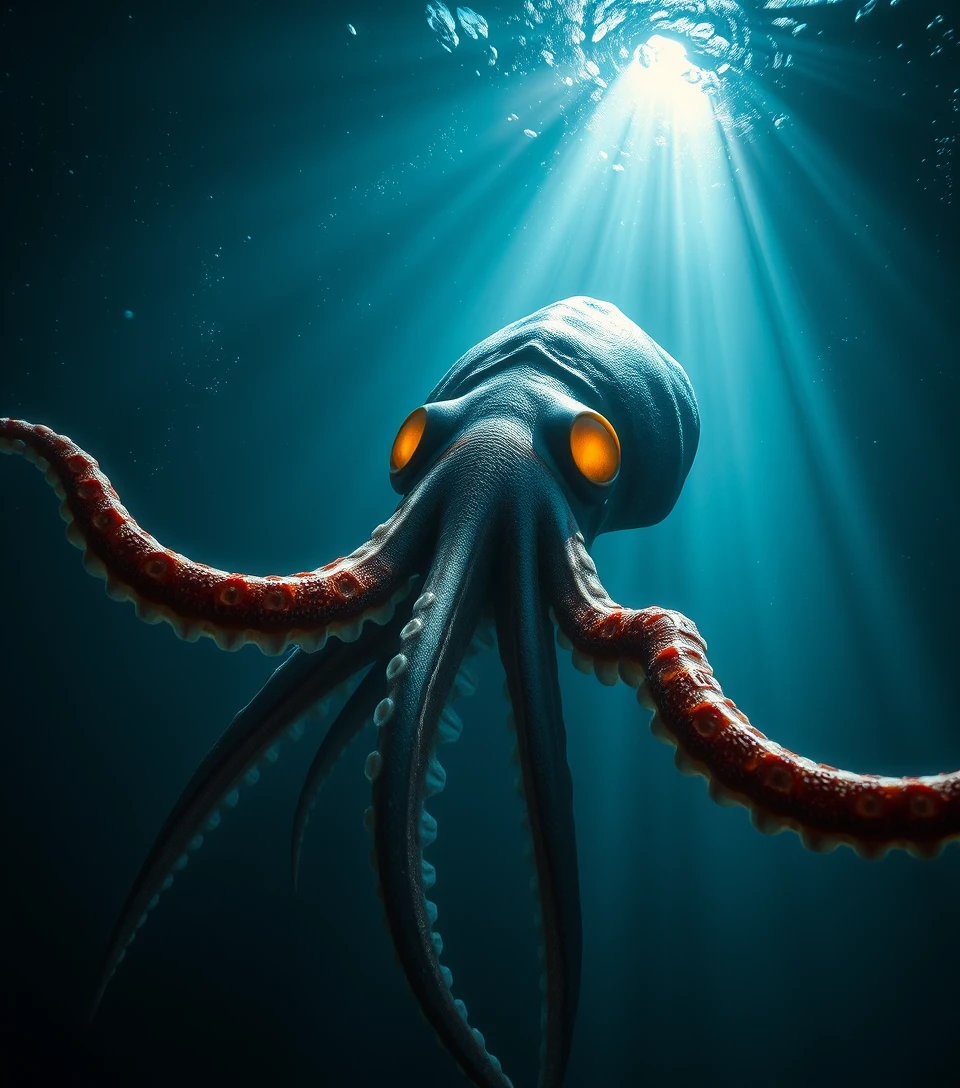Giant squid rising from the dark ocean depths