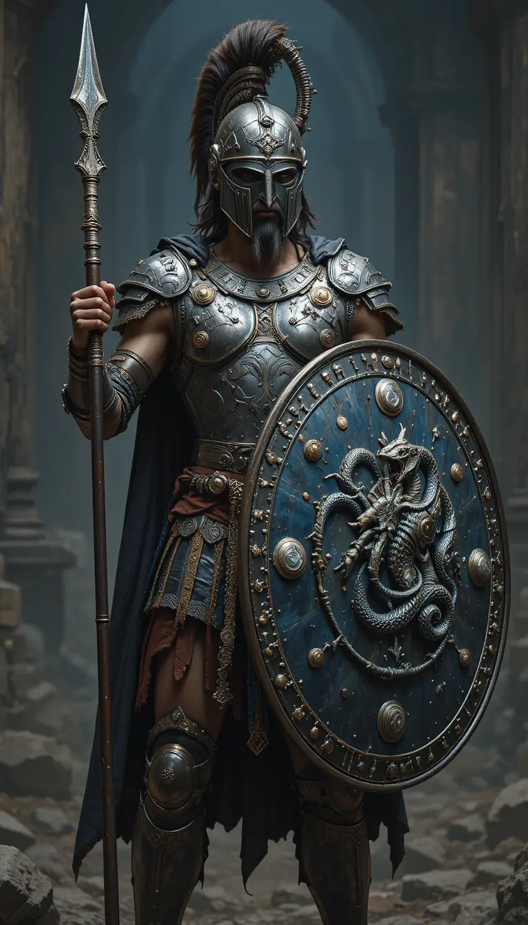 Armored warrior king fastening greaves before battle