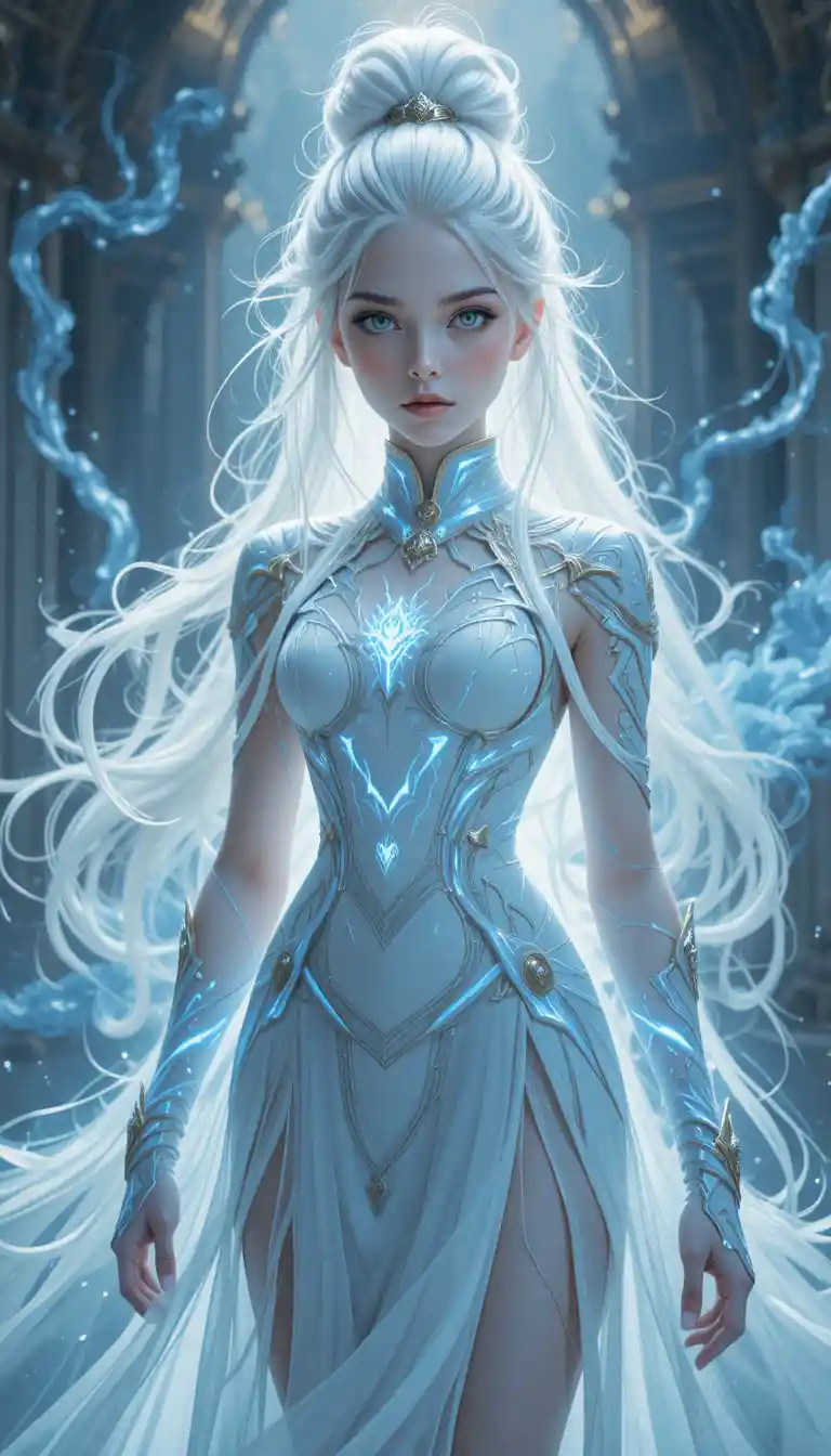 Anime eliatrope girl with glowing antlers and runic outfit