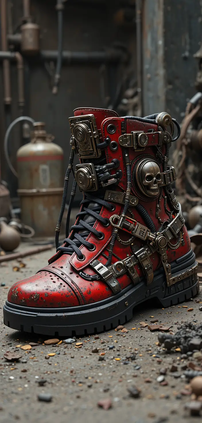 Red and black tactical sneaker with skull and metal details