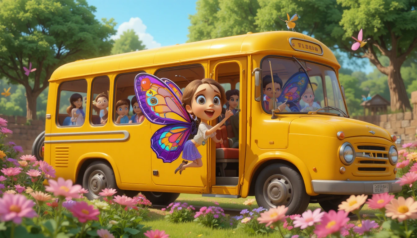 Colorful butterfly riding a crowded bus in 3D cartoon style