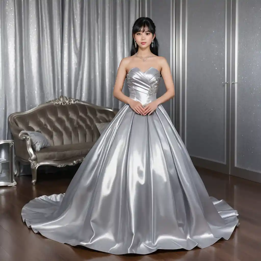 Elegant Japanese girl in silver satin ballgown