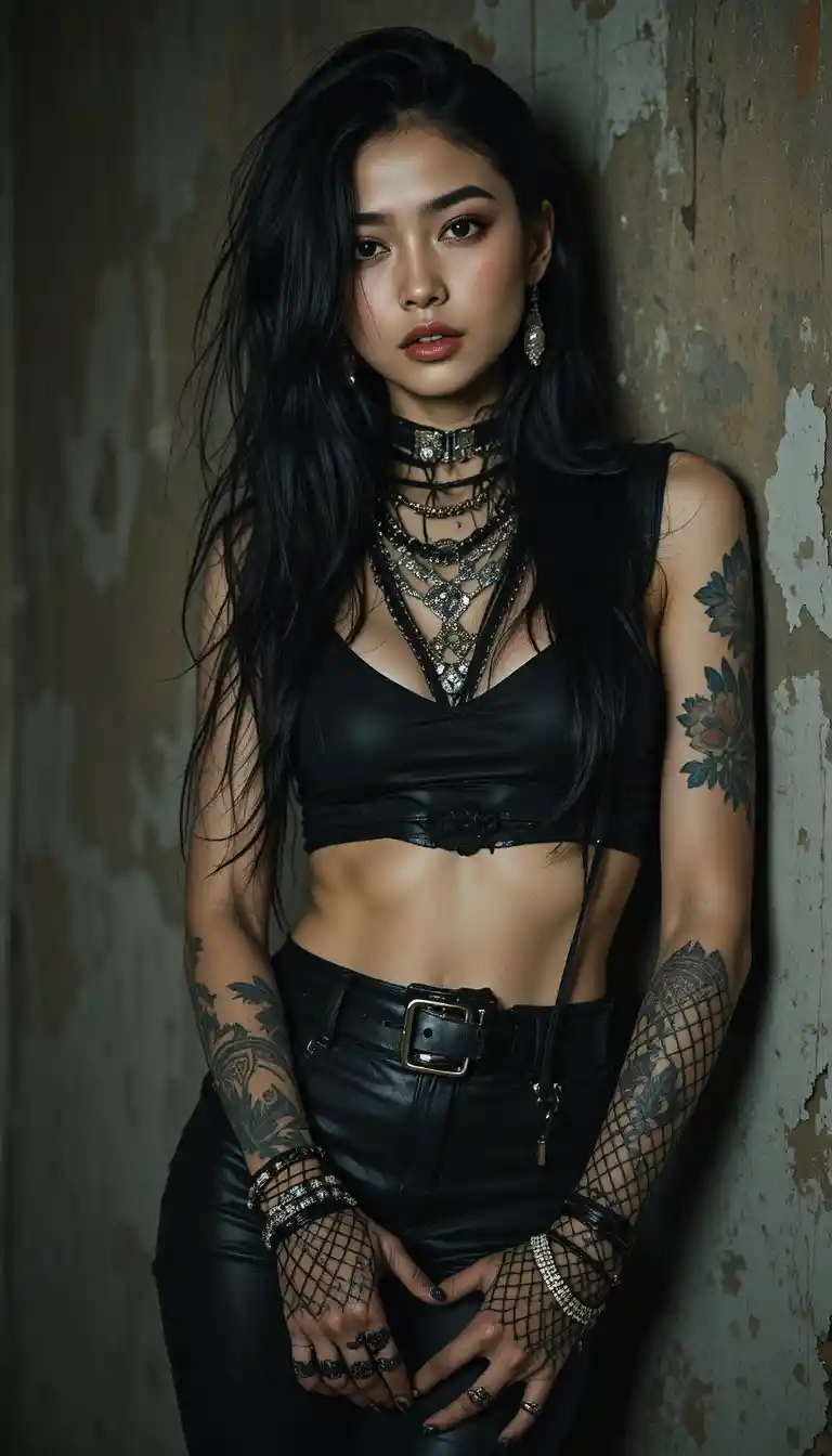 Tattooed asian woman in black leather fashion portrait