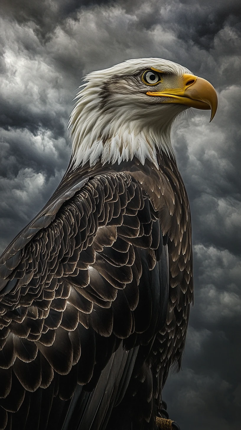 Bald eagle perched against a distant stormy sky