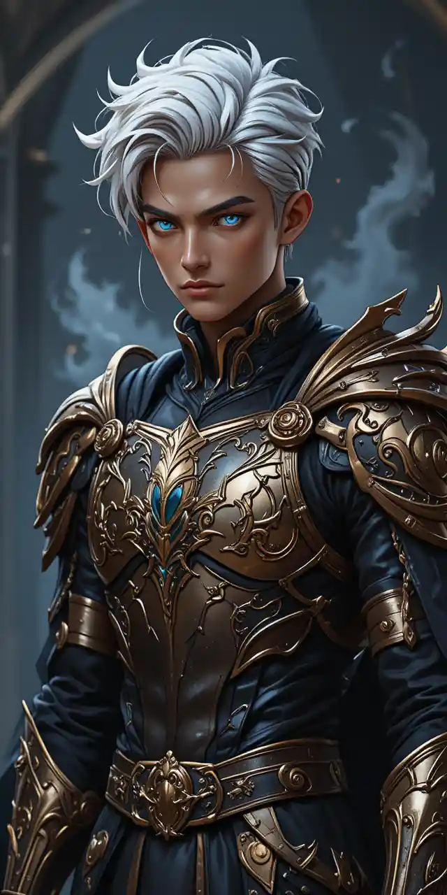 Muscular anime warrior with dragon horns in ornate armor