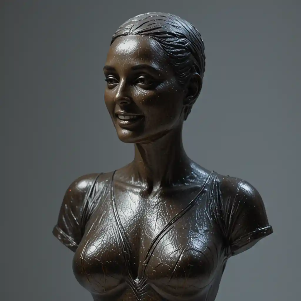 Busto de bronce de mujer contemplativa con camiseta de cuello en V