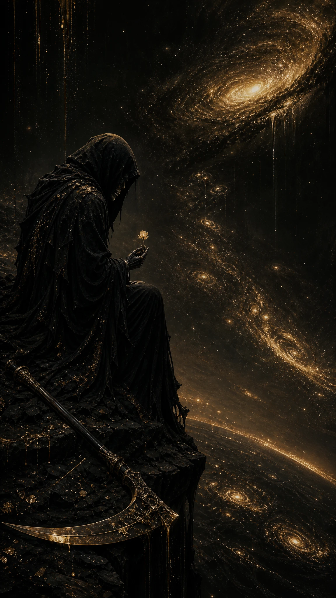 Gentle reaper holding a flower at the universe edge