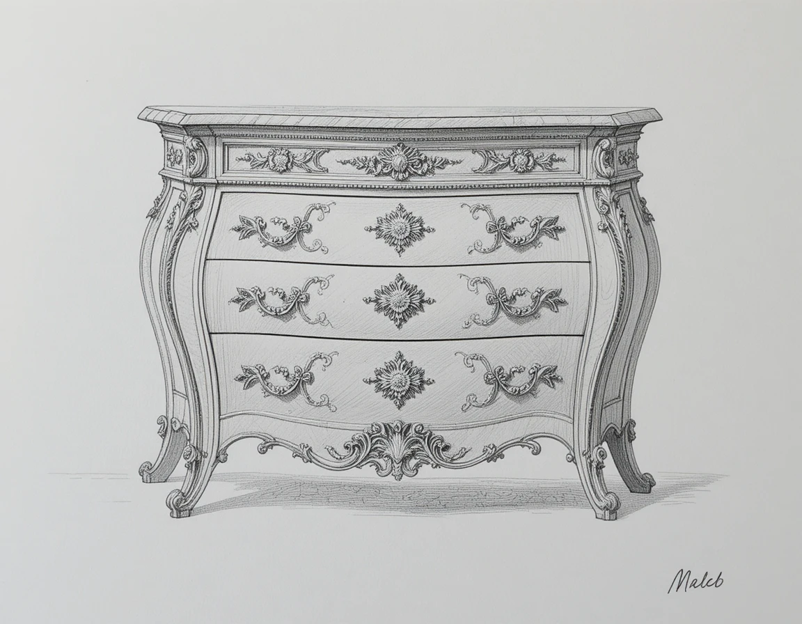 Elegant louis xiv bombe chest of drawers on white background