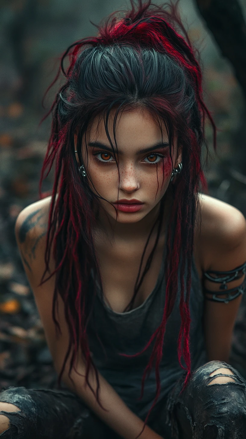 Dark forest girl under a glowing red blood moon