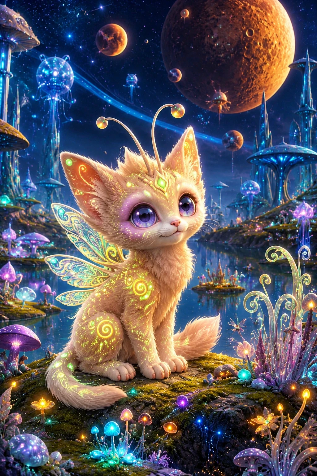 Alien creature with glowing lime symbols in luminous garden