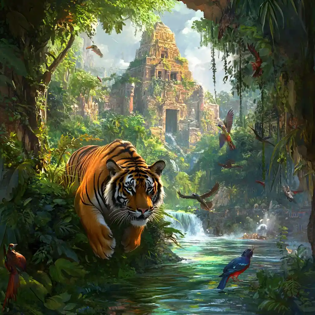 Bengal tiger roaming through an ancient jungle metropolis
