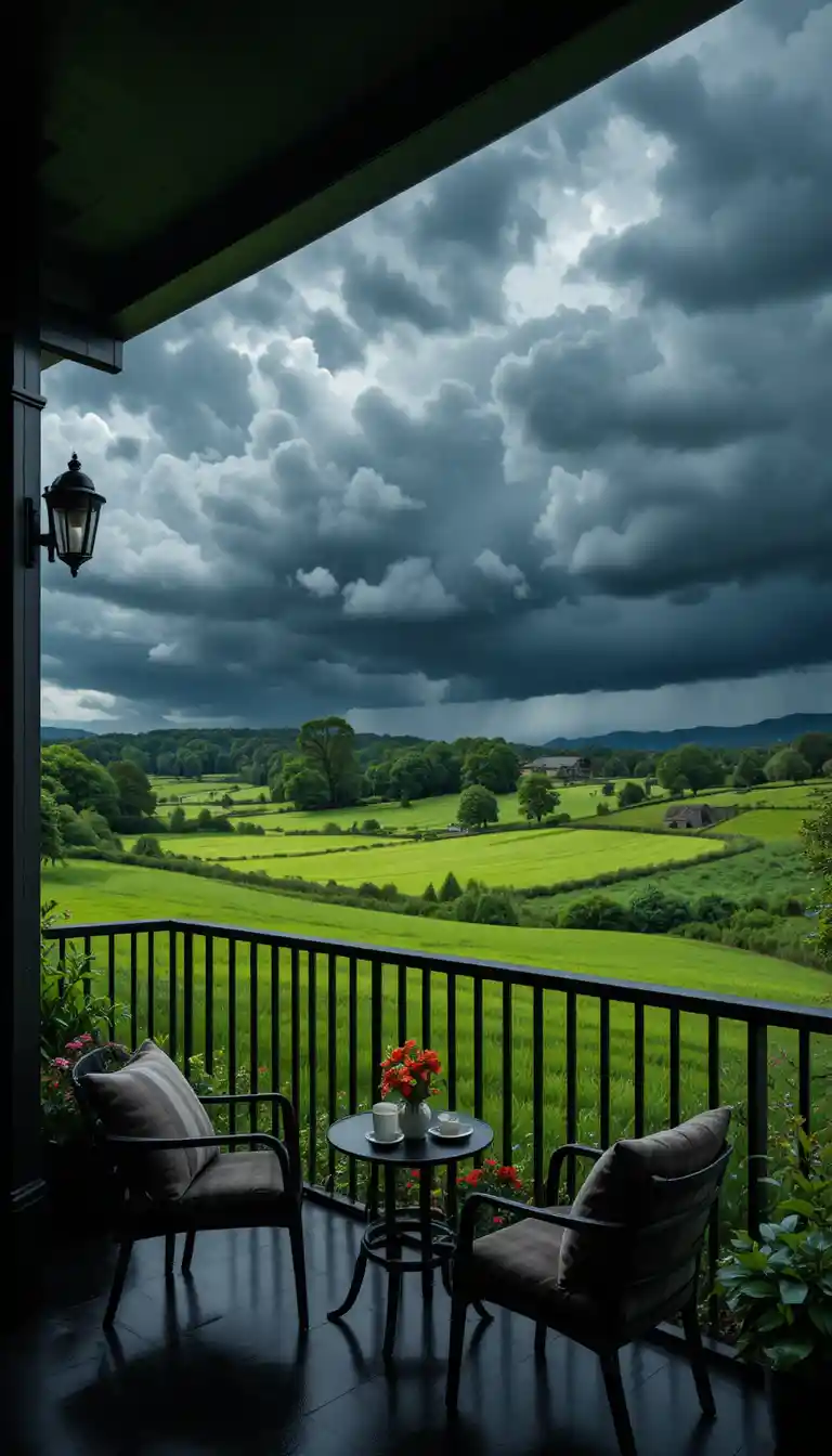 Covered balcony facing green countryside under storm clouds