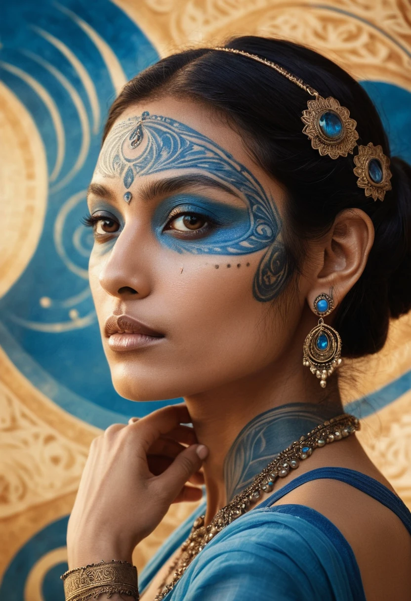 Ethereal woman with blue markings in ancient warm light