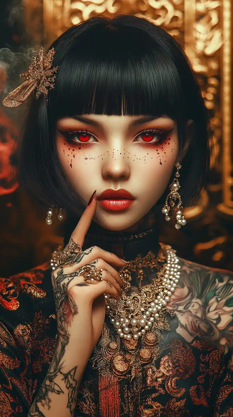 Elegant anime woman in ornate black and red attire