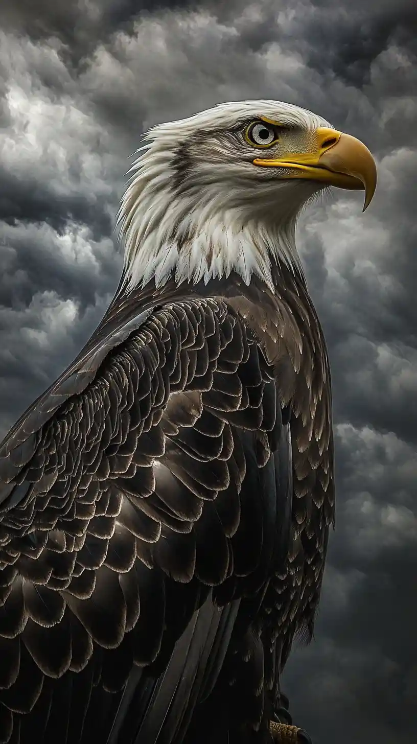 Bald eagle perched against a distant stormy sky