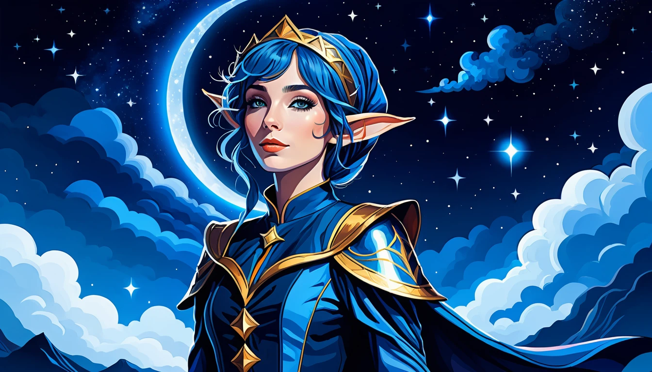 Mystical elf in deep blue robes under a cosmic night sky