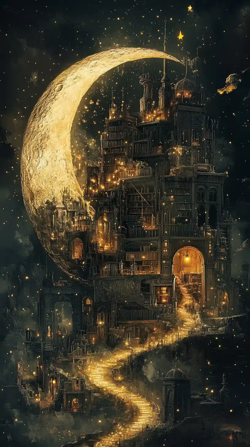 Crescent Moon Framing A Gothic Library In Candlelight