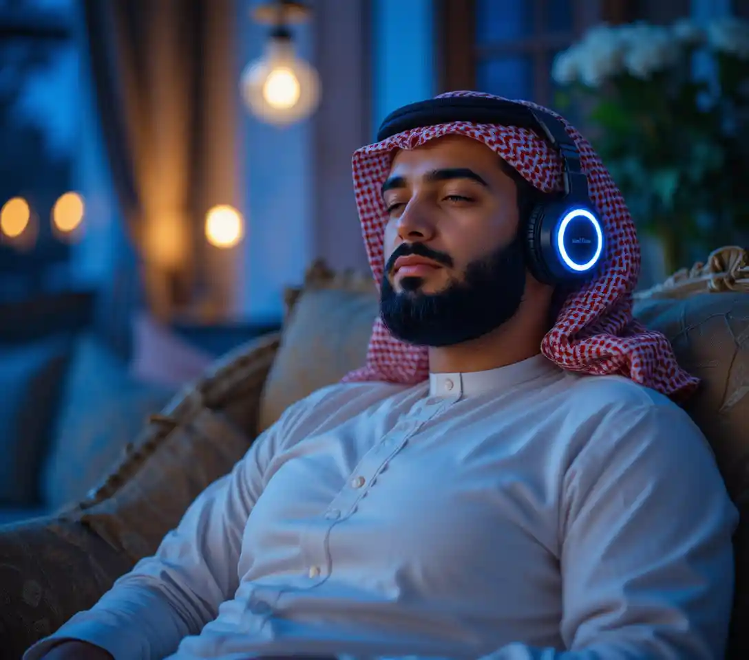 Man in thobe relaxing with headphones on sofa at night