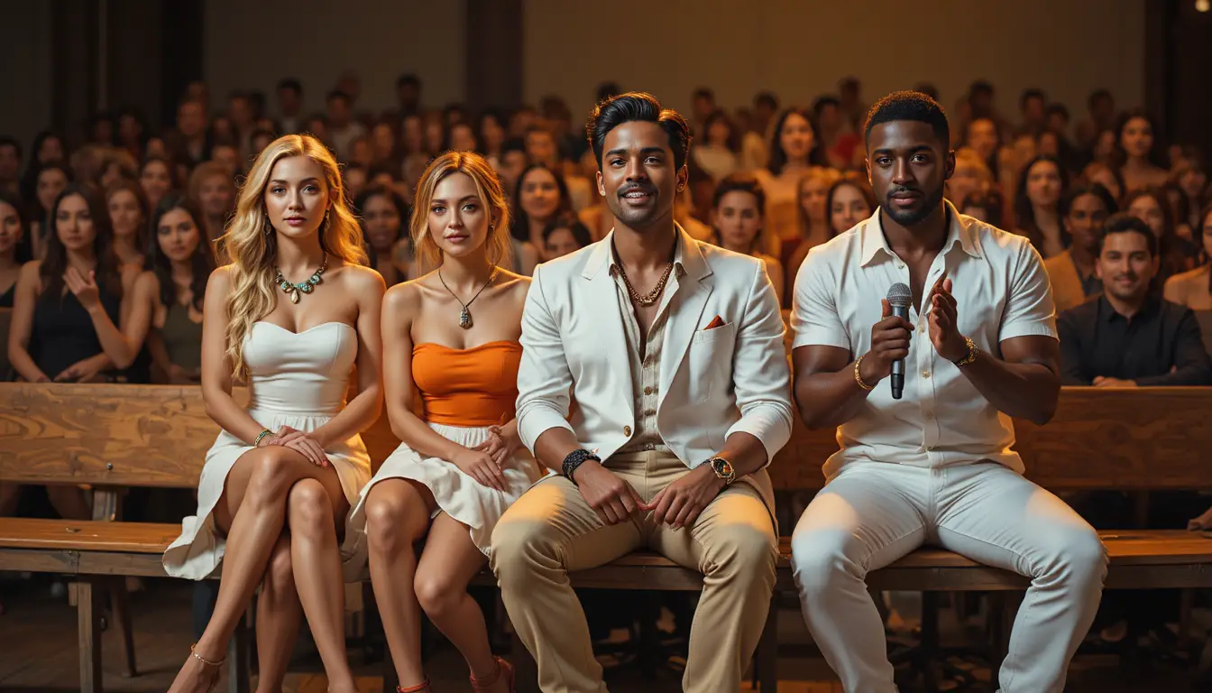 Friends on wooden benches at a warm indoor event