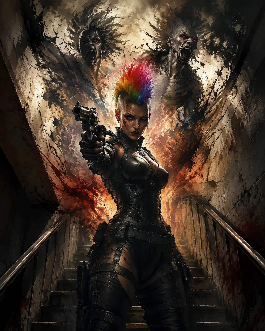 Armored woman aiming revolver in dark interior stairwell