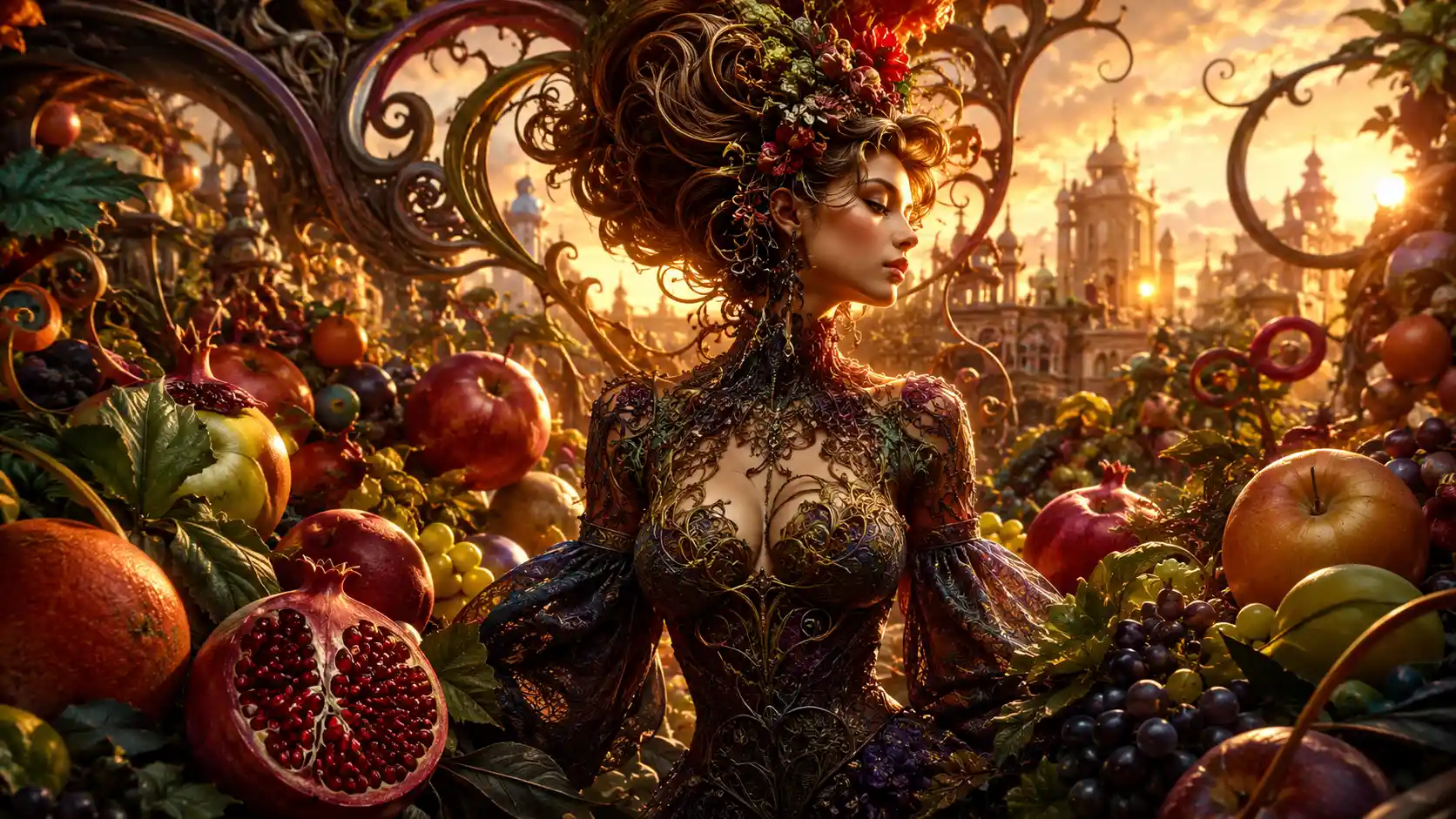 Surreal woman in a fantastical fruit garden at golden hour