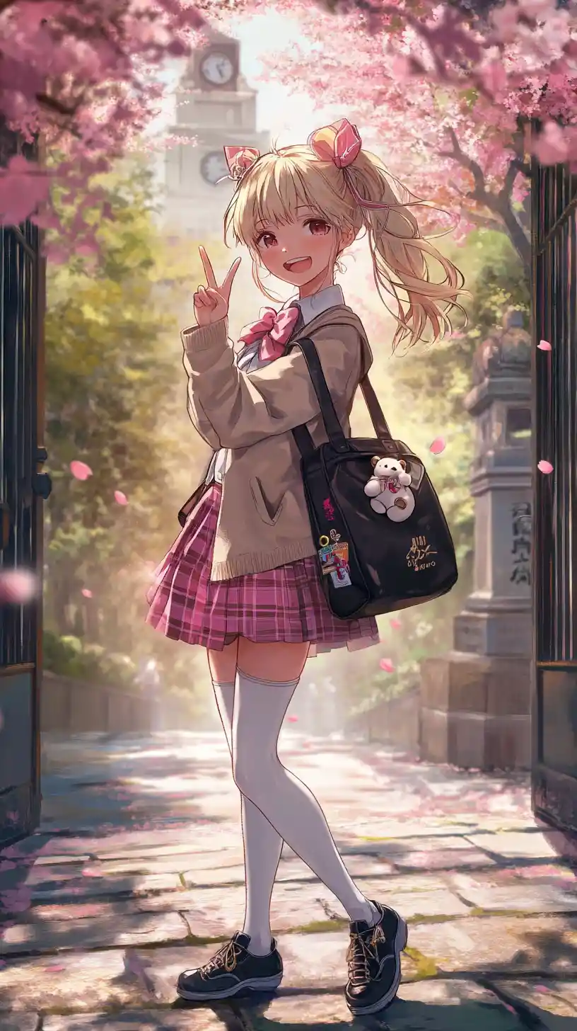 Cheerful anime schoolgirl under blooming cherry blossoms
