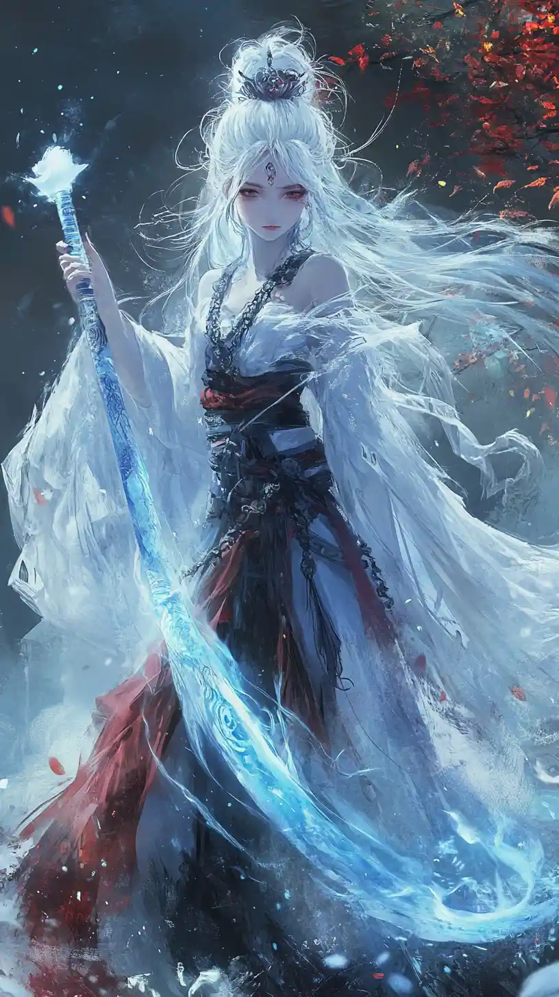 Ice themed anime girl in a burned snowflake dress